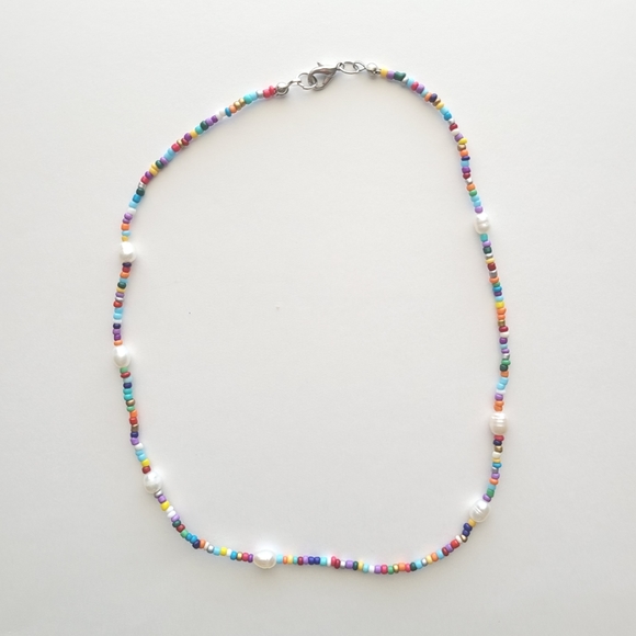 Rainbow Seed Bead And Pearl Dainty Necklace - Picture 1 of 5